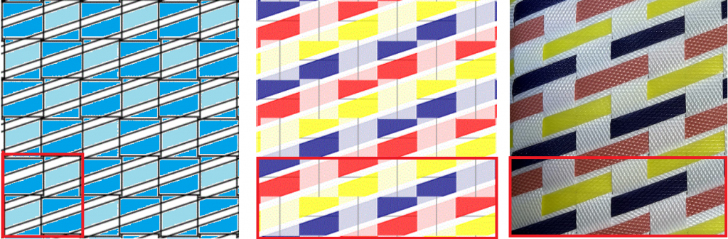 6×6の図、3点
赤枠内は1単位
差しひもが同色か、3色かの2種